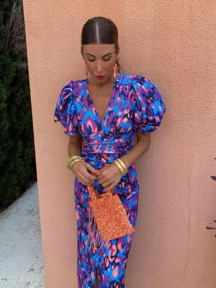 Lily – Midi Multicolored Dress with Pleats and Puff Sleeves for Summer