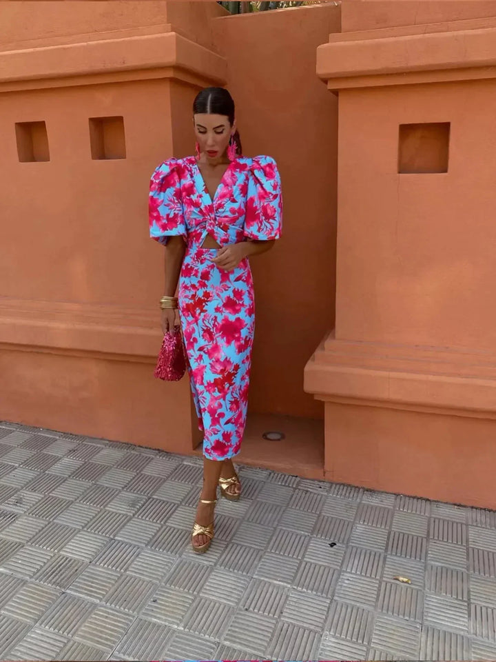 Lily – Midi Multicolored Dress with Pleats and Puff Sleeves for Summer