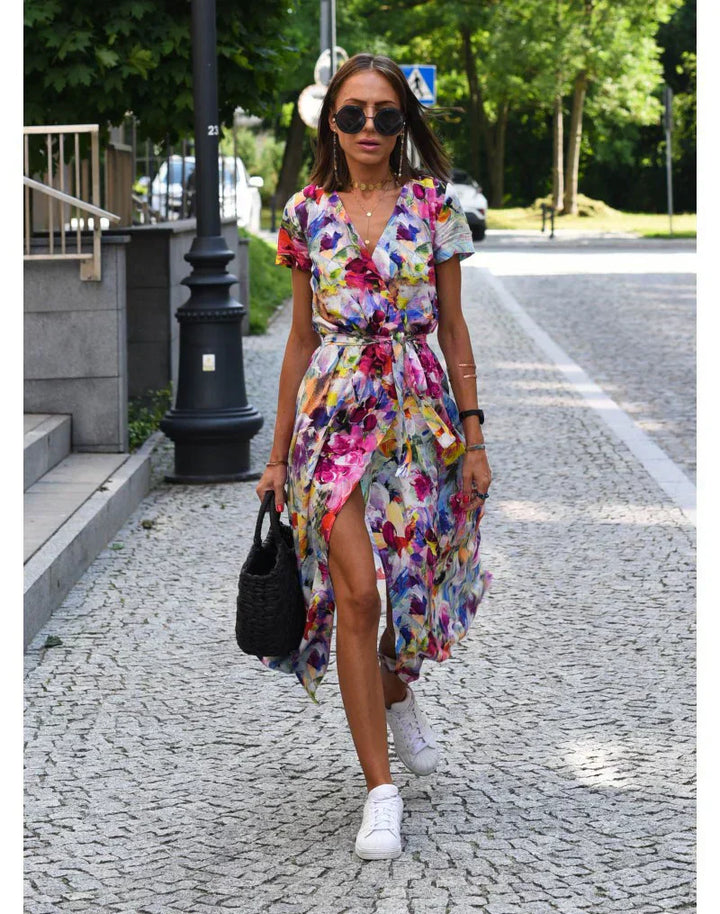 Agnieska – Elegant Midi Dress for Women with V-Neck