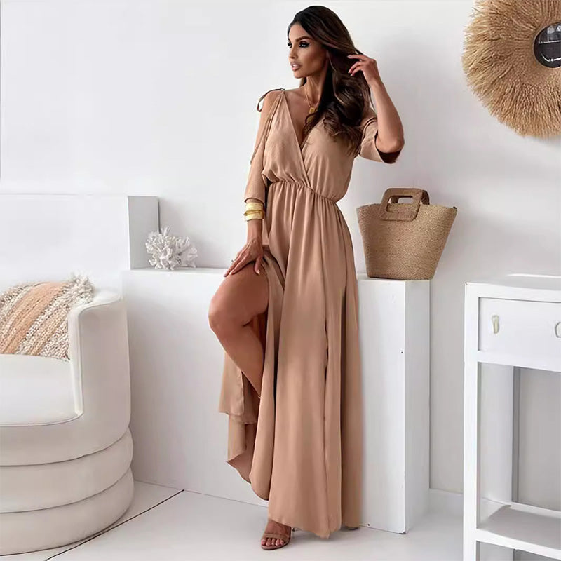 Valentina – Off-Shoulder Maxi Dress, V-Neck, Elastic Waist