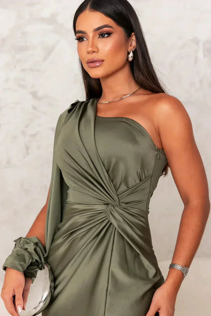 Araceli – Asymmetric Satin Dress with Knot and One Shoulder